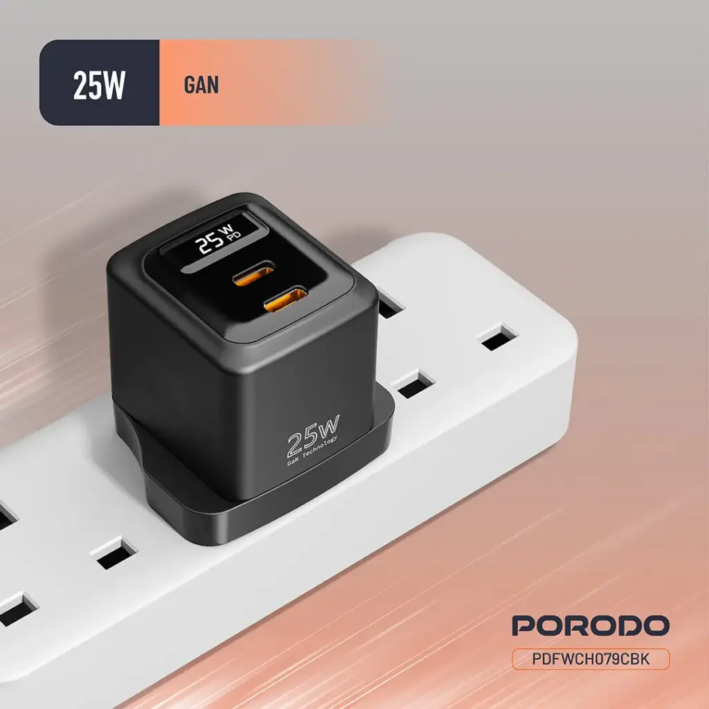 PORODO GAN 25W DUAL PORT WALL CHARGER WITH TYPE C TO LIGHTNING CABLE CABLE BLACK PDFCH076LBK thumbnail 6