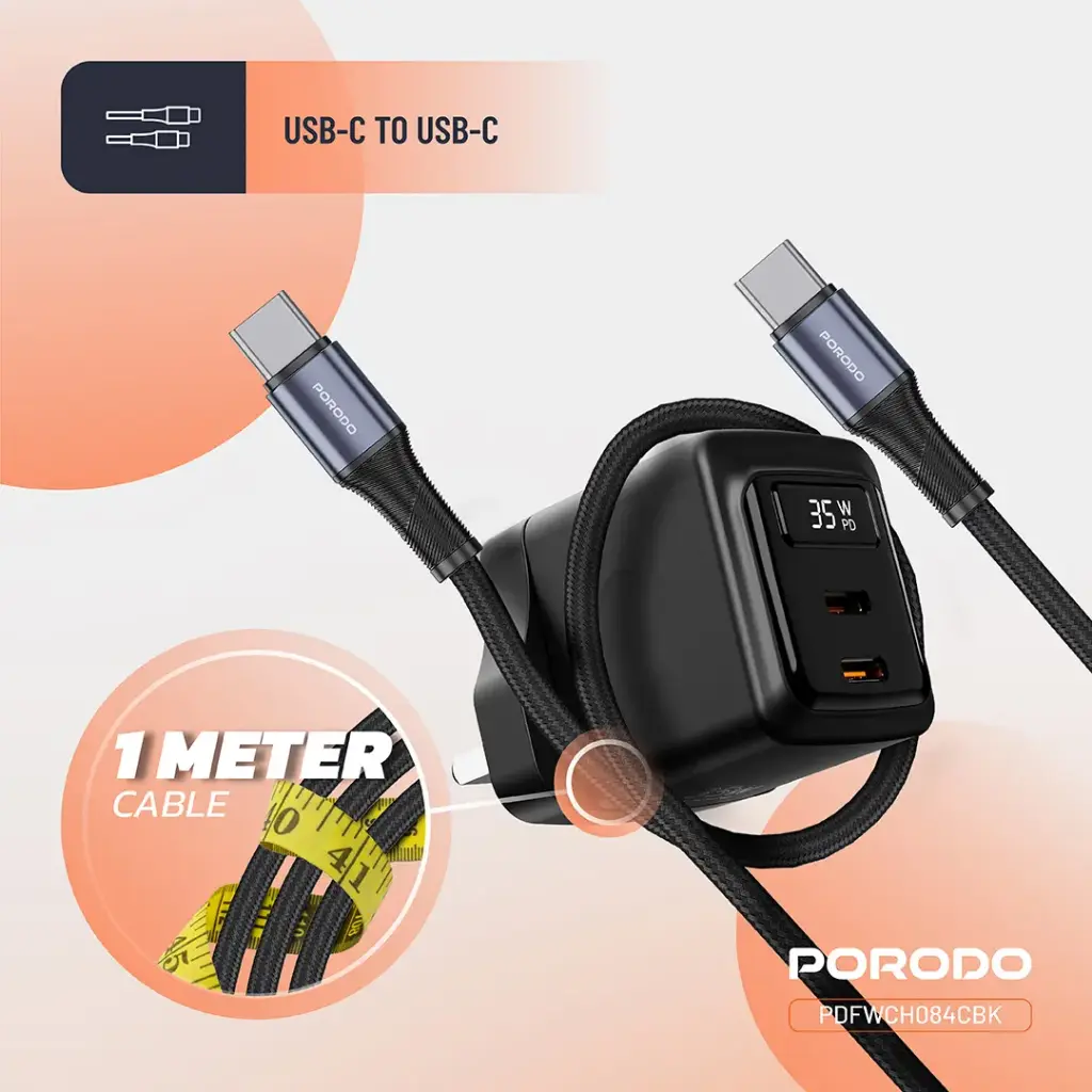 PORODO GAN 35W DUAL PORT WALL CHARGER WITH TYPE C TO TYPE C CABLE BLACK PDFWCH082CBK thumbnail 7