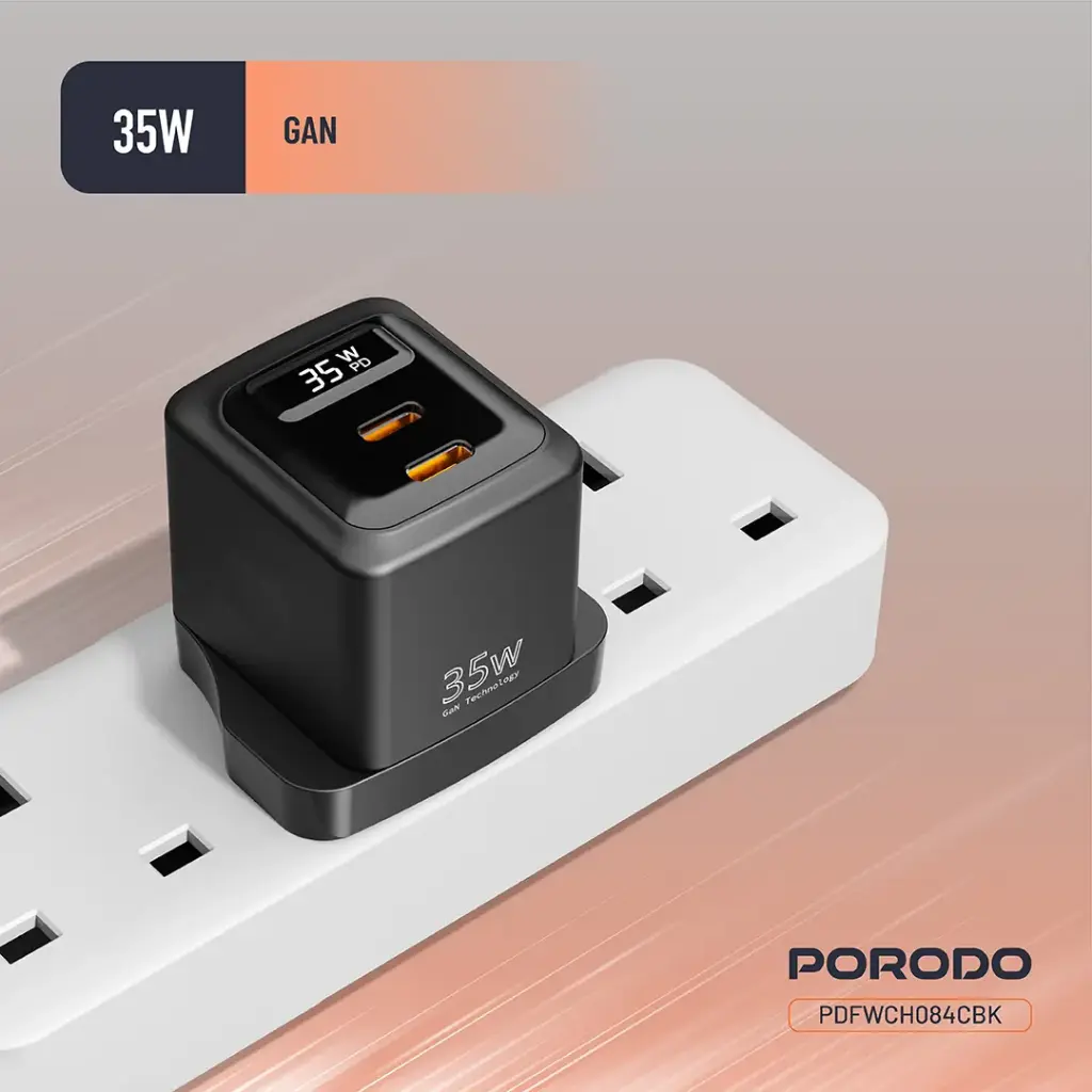 PORODO GAN 35W DUAL USB C WALL CHARGER WITH TYPE C TO TYPE C CABLE BLACK PDFWCH084CBK thumbnail 6
