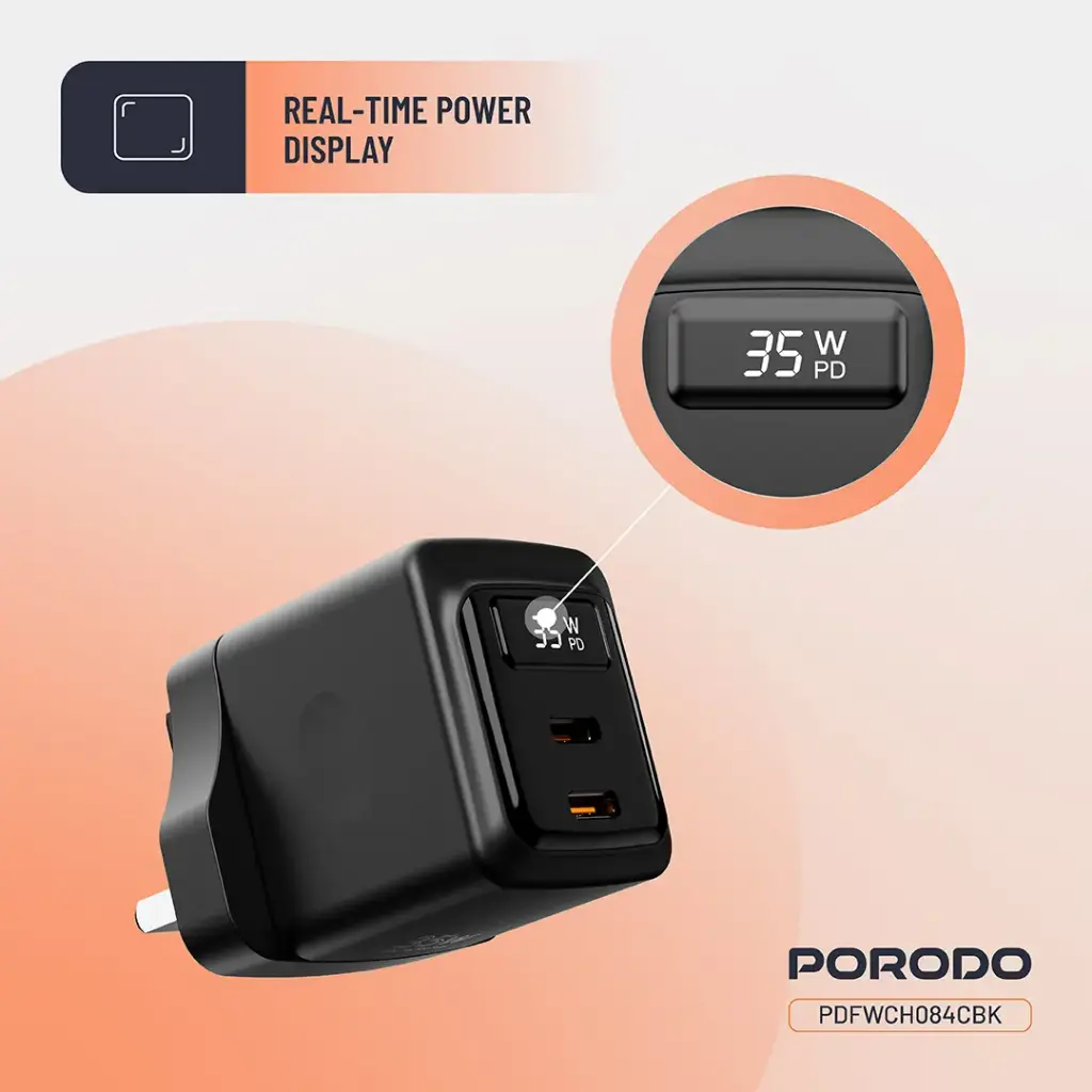 PORODO GAN 35W DUAL PORT WALL CHARGER WITH TYPE C TO TYPE C CABLE BLACK PDFWCH082CBK thumbnail 3