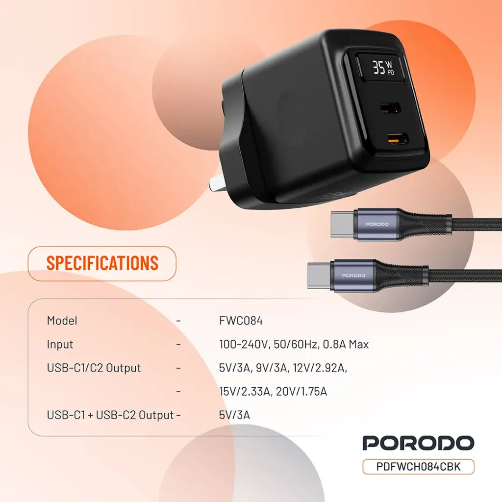 PORODO GAN 35W DUAL PORT WALL CHARGER WITH TYPE C TO TYPE C CABLE BLACK PDFWCH082CBK thumbnail 9