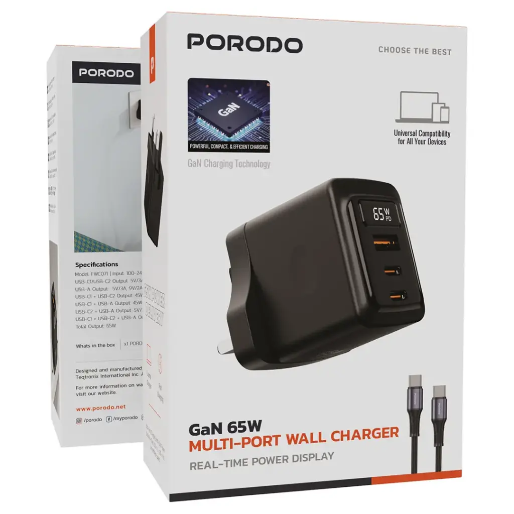 PORODO GAN 65W MULTI PORT WALL CHARGER WITH TYPE C TO TYPE C CABLE BLACK PDFWCH071CBK thumbnail 11