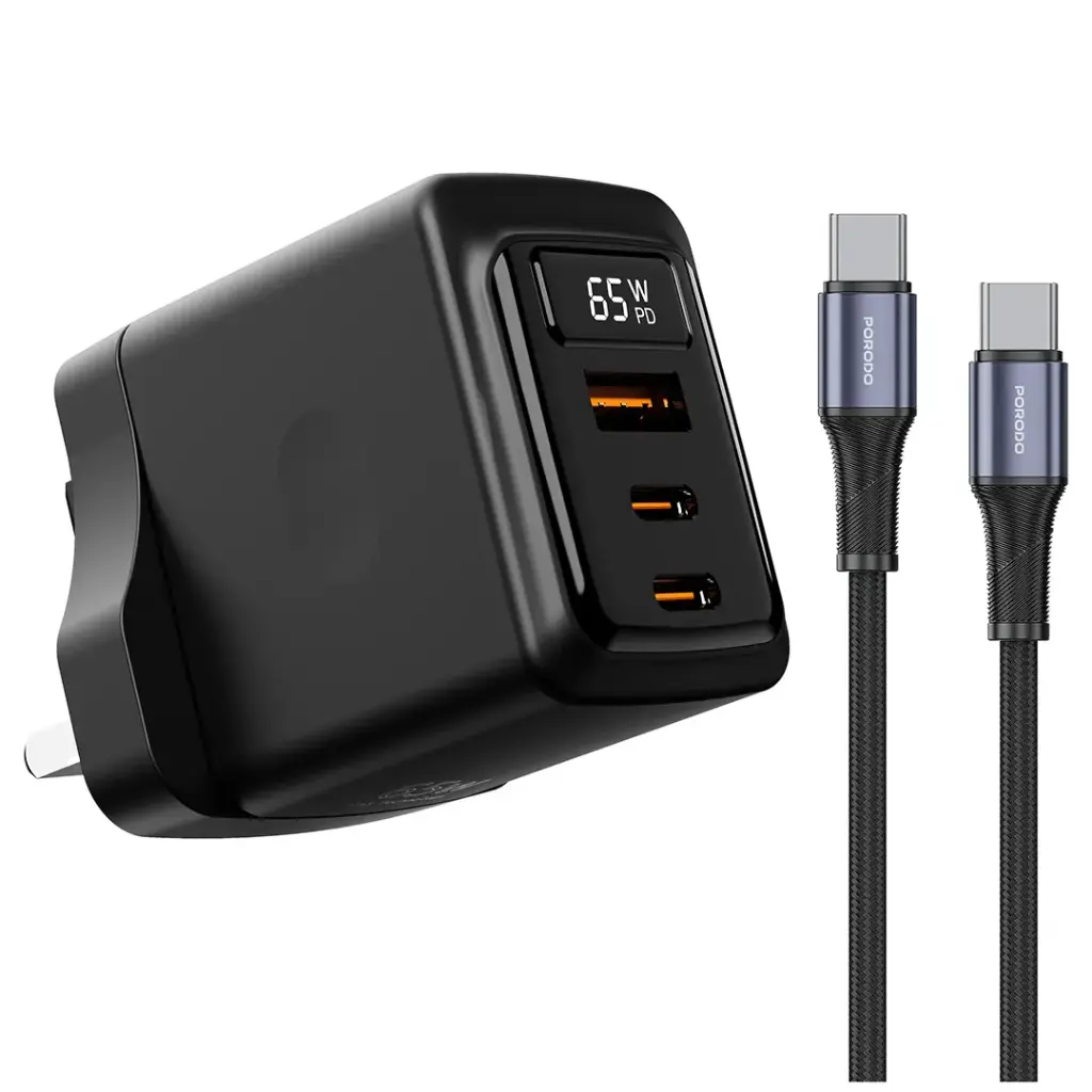 PORODO GAN 65W MULTI PORT WALL CHARGER WITH TYPE C TO TYPE C CABLE BLACK PDFWCH071CBK thumbnail 8