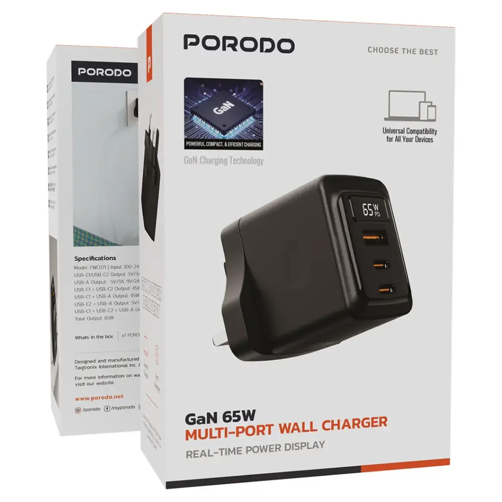 PORODO GAN 65W MULTIPORT WALL CHARGER BLACK PDFWCH071BK thumbnail 5