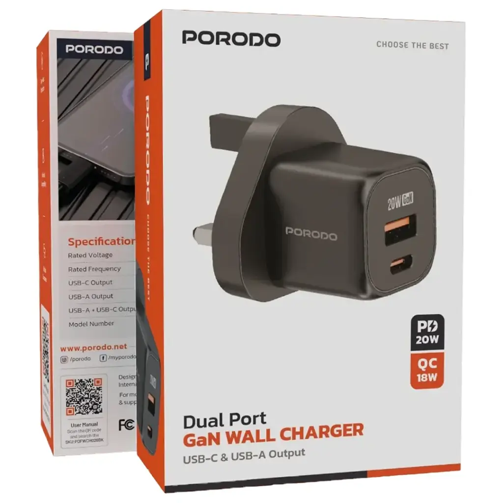 PORODO DUAL PORT WALL CHARGER BLACK PD-FWCH028-BK thumbnail 3