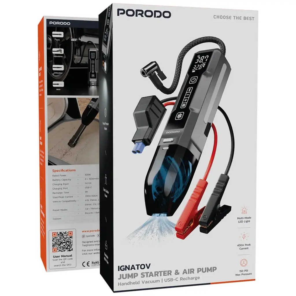 PORODO IGNATOV JUMP STARTER  AIR PUMP WITH HANDHELD VACCUM USB C RECHARGE BLACK PDJS41BK thumbnail 10
