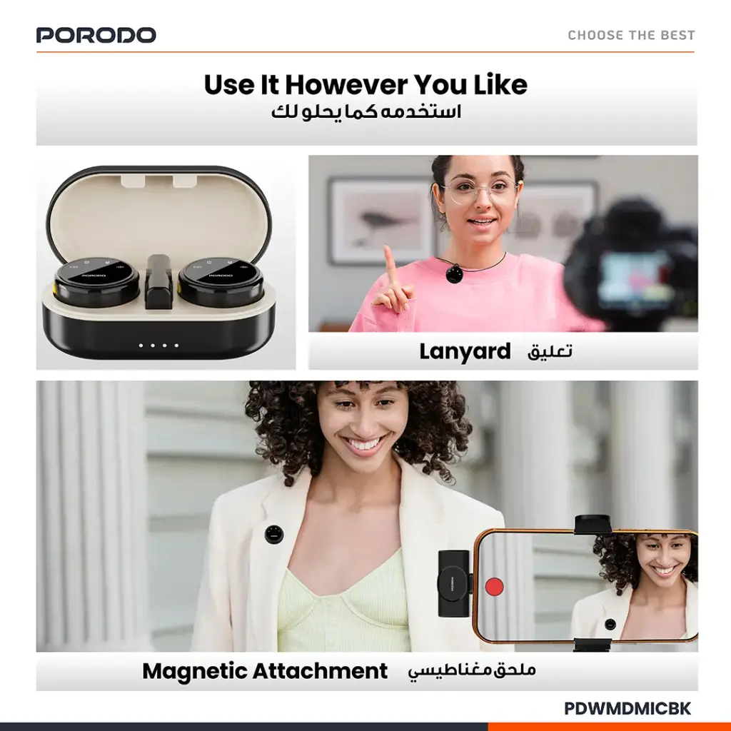 PORODO PROFESSIONAL LAVALIER MICROPHONE SET WITH MAGNETIC CLIPS AND CHARGING CASE BLACK PDWMDMICBK thumbnail 9
