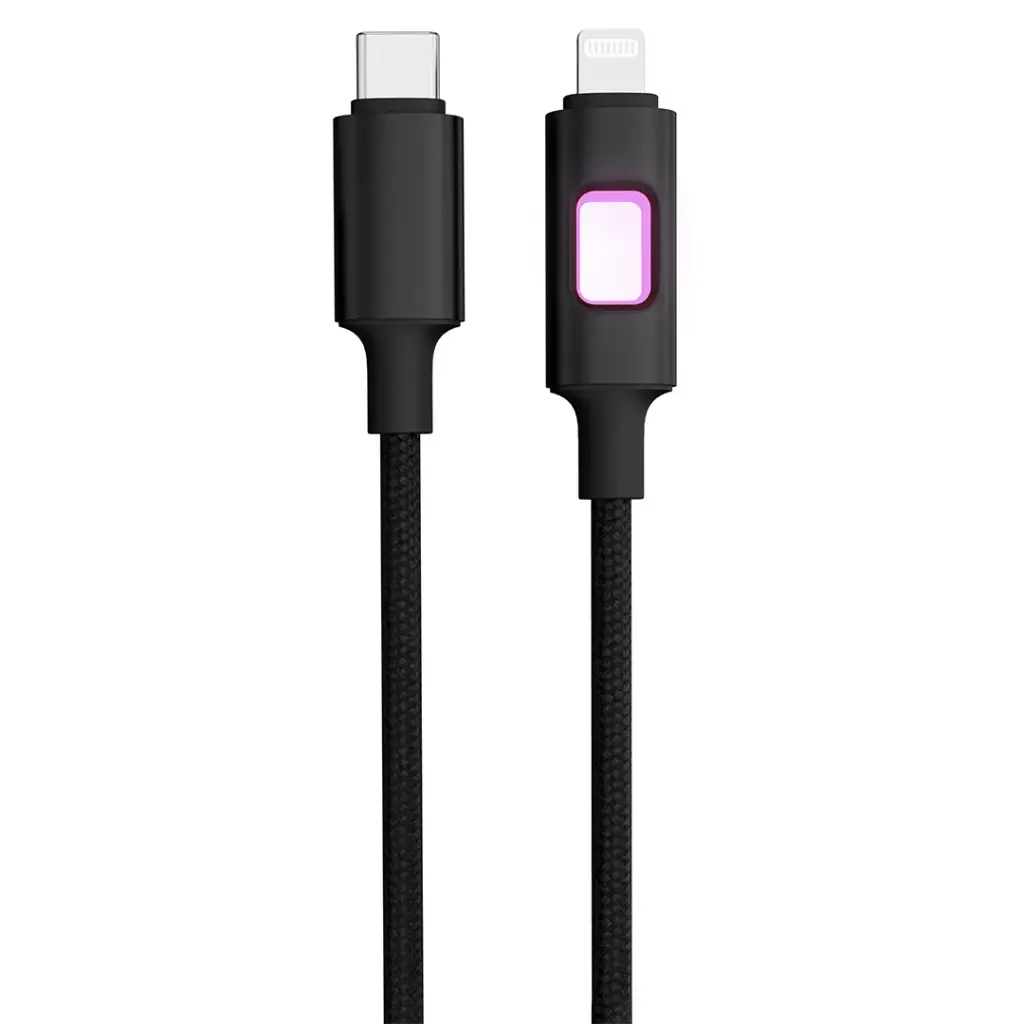 PORODO LED BRAIDED PD 27W USB C TO LIGHTNING CABLE CHARGING & DATA TRANSFER BLACK PDCBLXGH03BK thumbnail 3