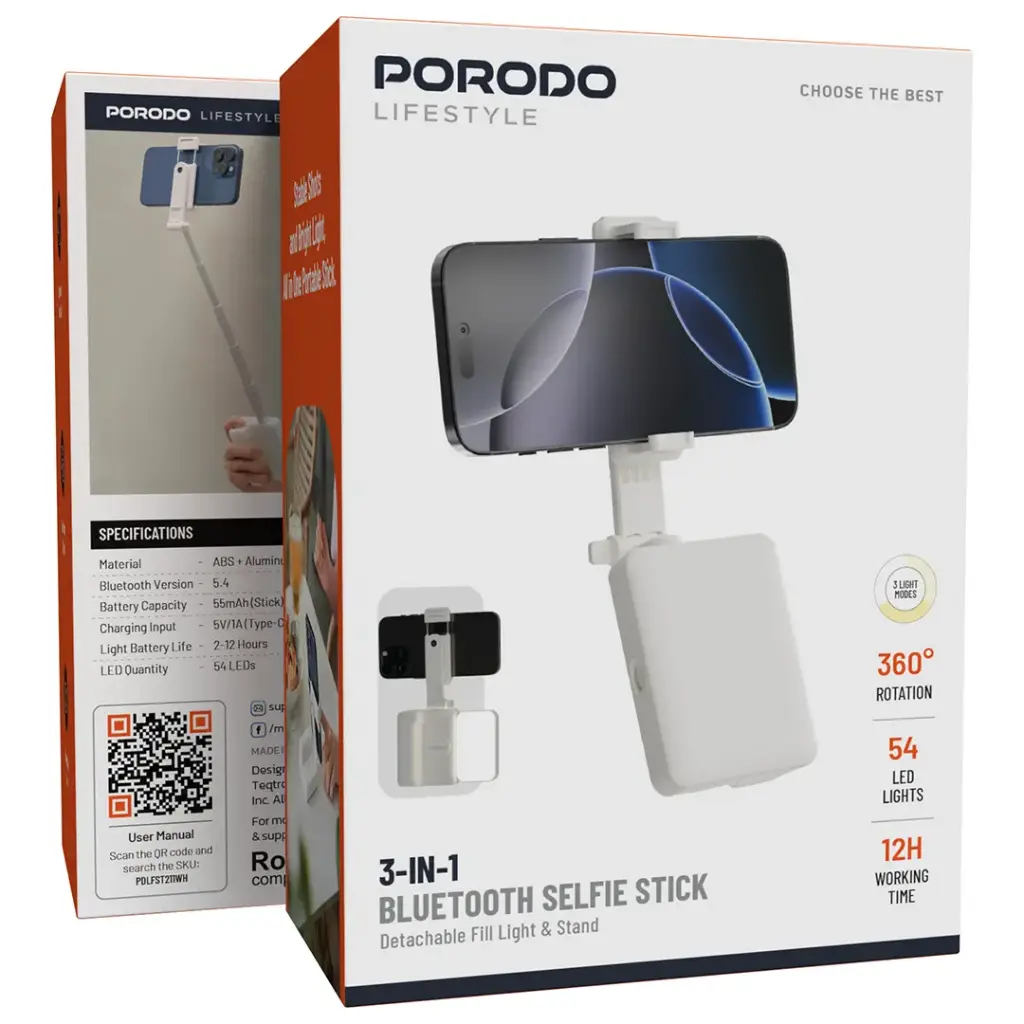 PORODO LIFESTYLE 3 IN 1 BLUETOOTH SELFIE STICK WHITE PDLFST211WH thumbnail 9