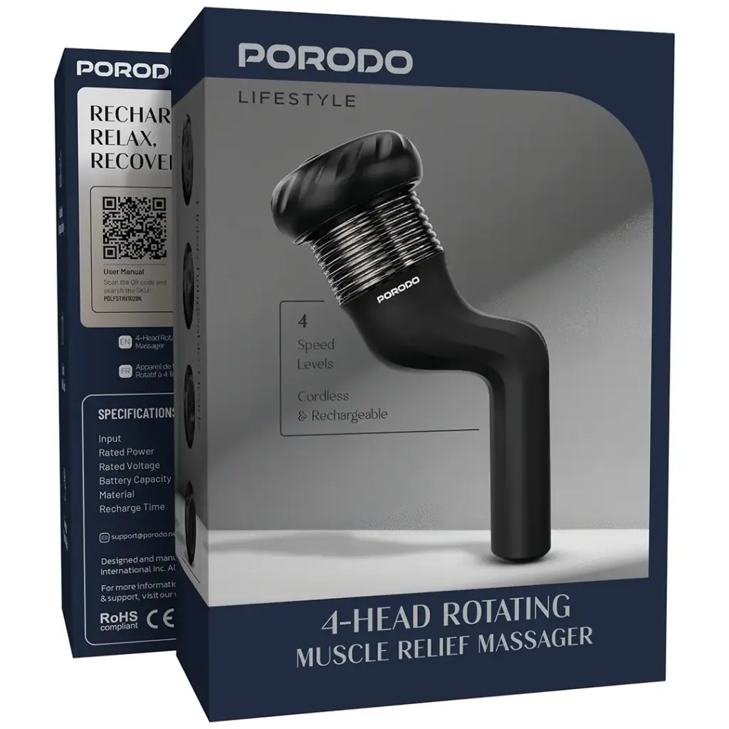 PORODO LIFESTYLE 4 HEAD ROTATING MUSCLE RELIEF MASSAGER BLACK PDLFSTHX102BK thumbnail 7