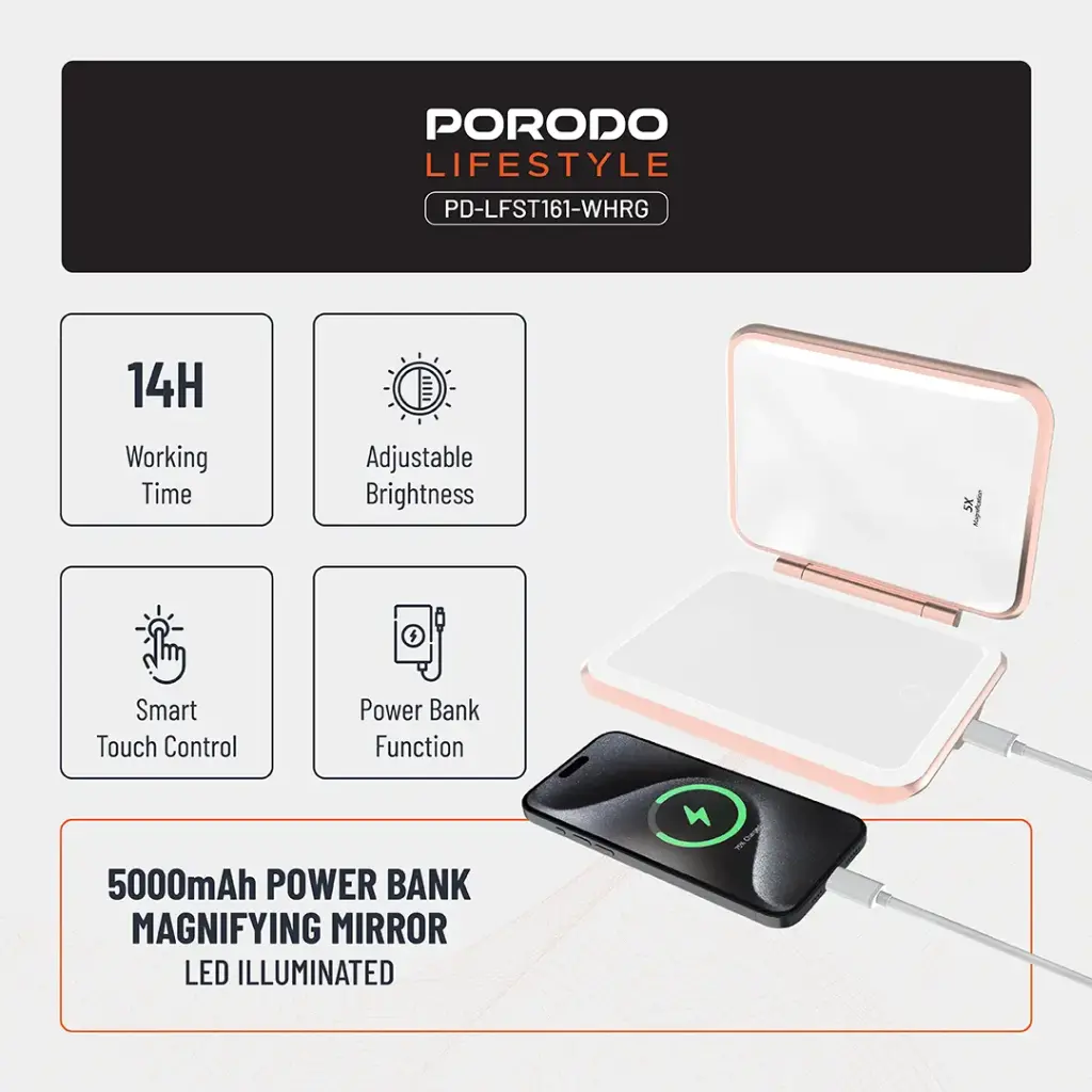 PORODO LIFESTYLE 5000MAH POWERBANK MAGNIFYING MIRROR PD-LFST161-WHRG thumbnail 4
