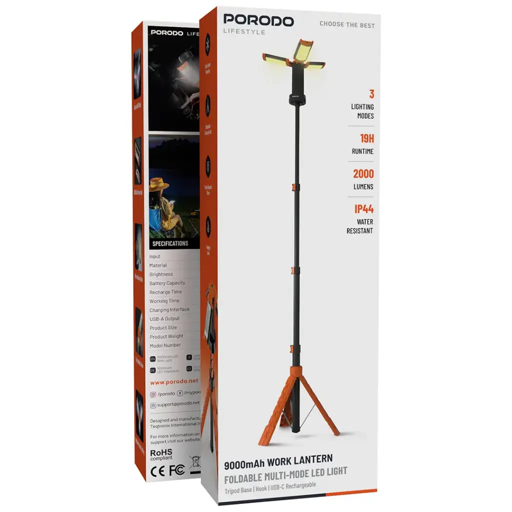PORODO LIFESTYLE 9000MAH WORK LANTERN FOLDABLE MULTI MODE LED LIGHT ORANGE PDLFSTXQZ10OR thumbnail 9