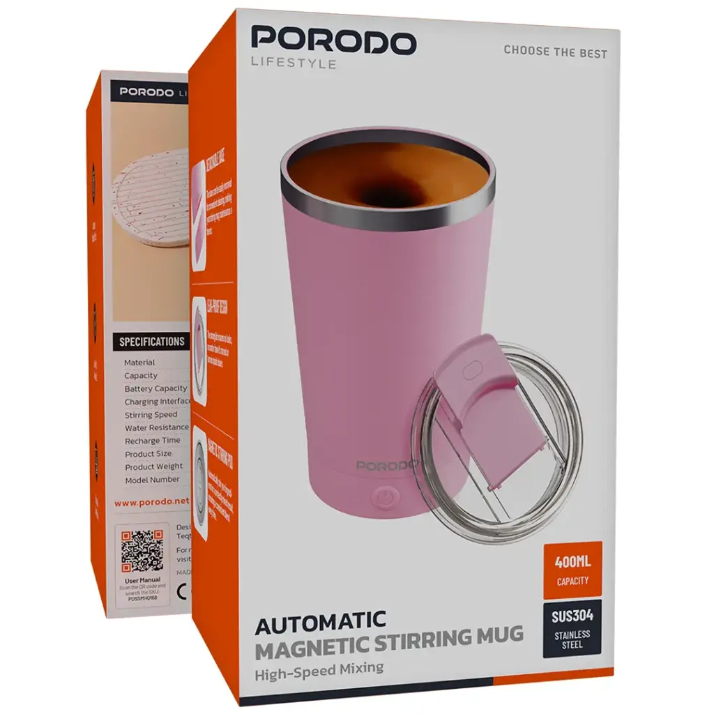 PORODO LIFESTYLE AUTOMATIC MAGNETIC STIRRING MUG HIGH SPEED MIXING PINK PDSSMHQ168PK thumbnail 4