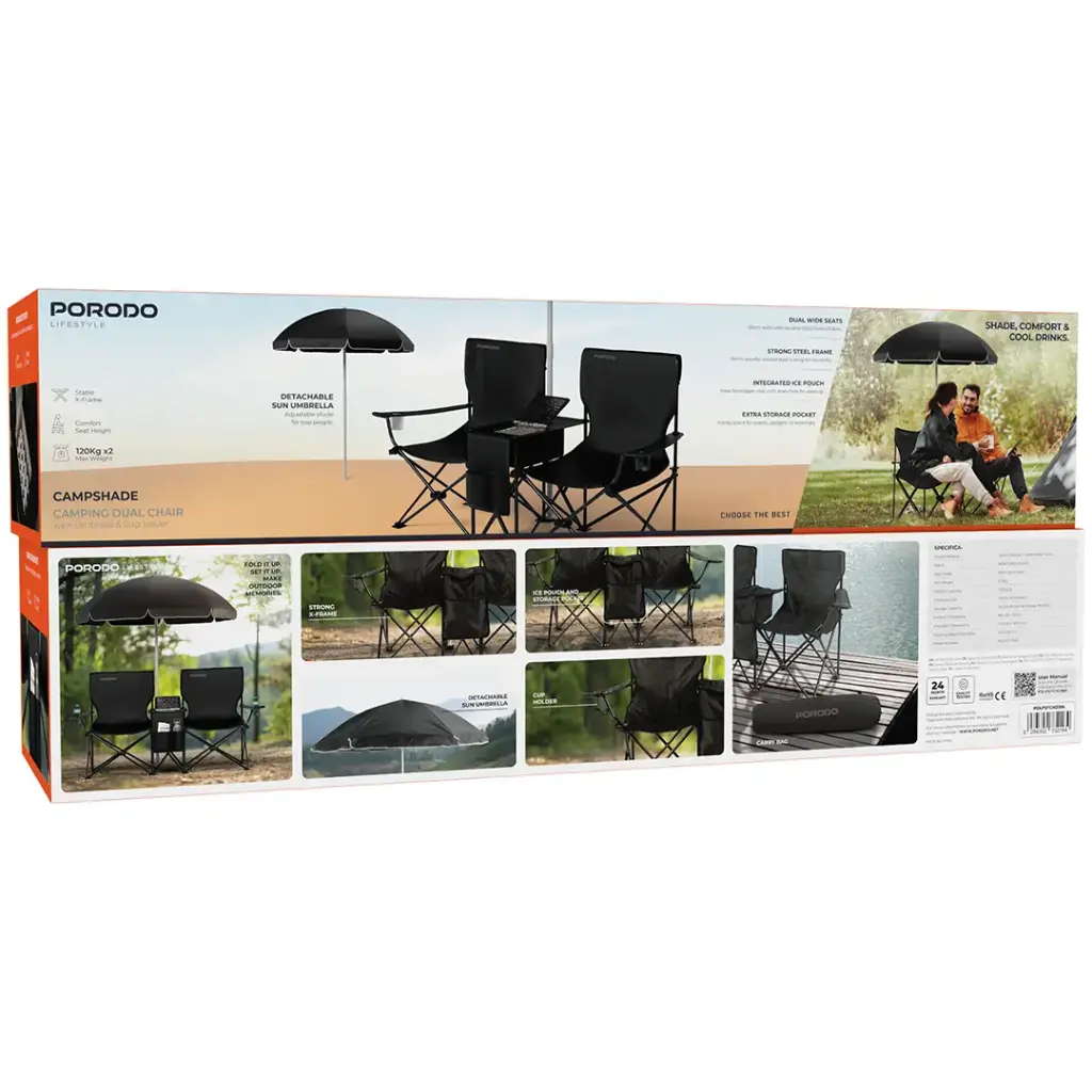 PORODO LIFESTYLE CAMPSHADE CAMPING DUAL CHAIR BLACK PDLFSTCH21BK thumbnail 7