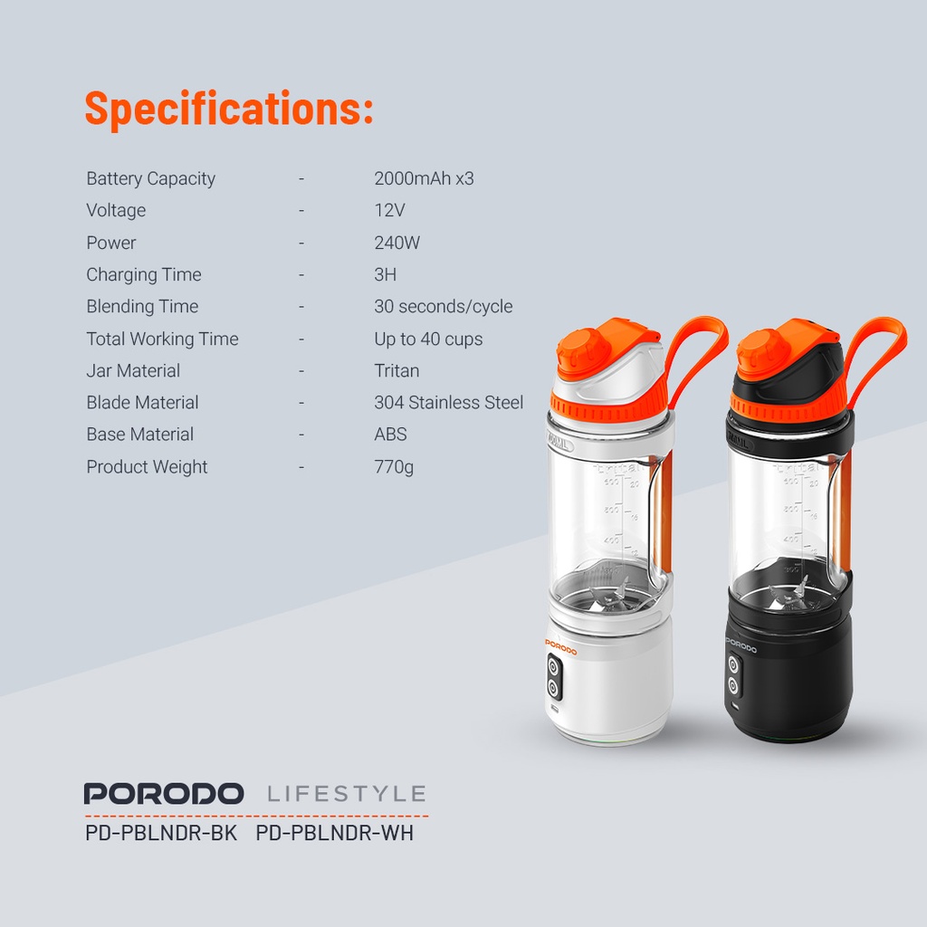 PORODO LIFESTYLE DUAL SPIN CLOCK WISE REVERSE PORTABLE BLENDER WHITE PD-PBLNDR-WH thumbnail 7