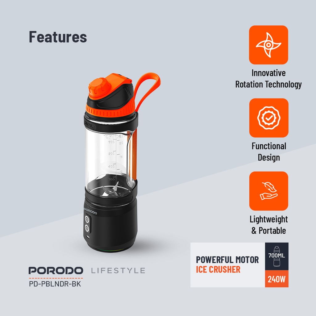PORODO LIFESTYLE DUAL SPIN CLOCK WISE & REVERSE PORTABLE BLENDER BLACK PD-PBLNDR-BK thumbnail 10