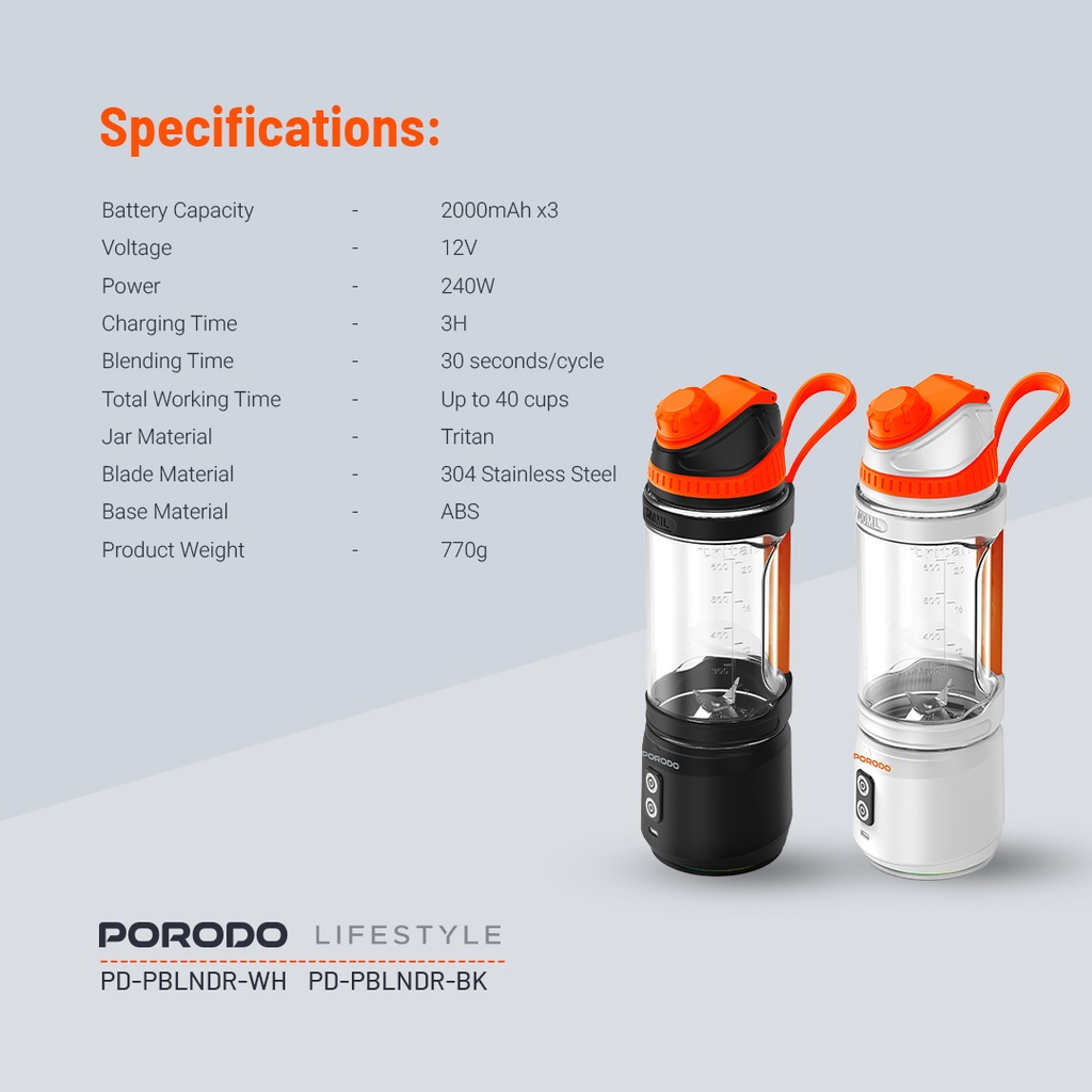 PORODO LIFESTYLE DUAL SPIN CLOCK WISE & REVERSE PORTABLE BLENDER BLACK PD-PBLNDR-BK thumbnail 9