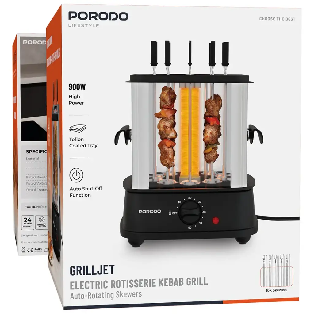 PORODO LIFESTYLE GRILLJET ELECTRIC ROTISSERIE KEBAB GRILL AUTO ROTATING SKEWERS BLACK PDLFSTL20BK thumbnail 5