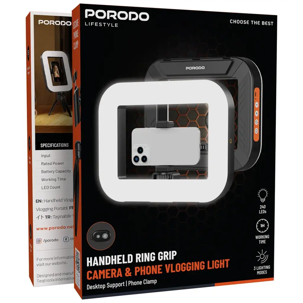 PORODO LIFESTYLE HANDHELD RING GRIP CAMERA & PHONE VLOGGING LIGHT DESKTOP SUPPORT/PHONE CLAMP BLACK PDLFST214BK thumbnail 15