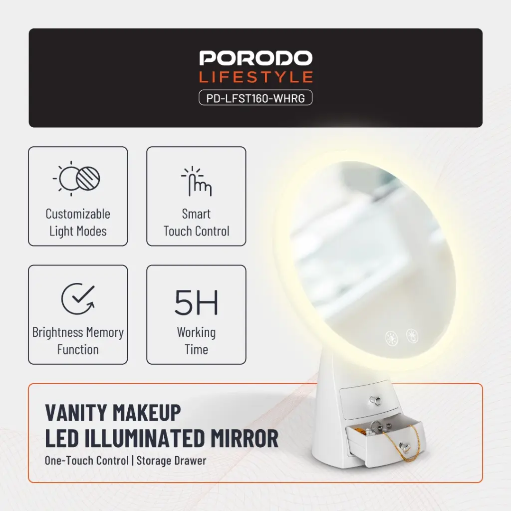 PORODO LIFESTYLE VANITY MAKEUP LED ILLUMINATED MIRROR PD-LFST160-WHRG thumbnail 6