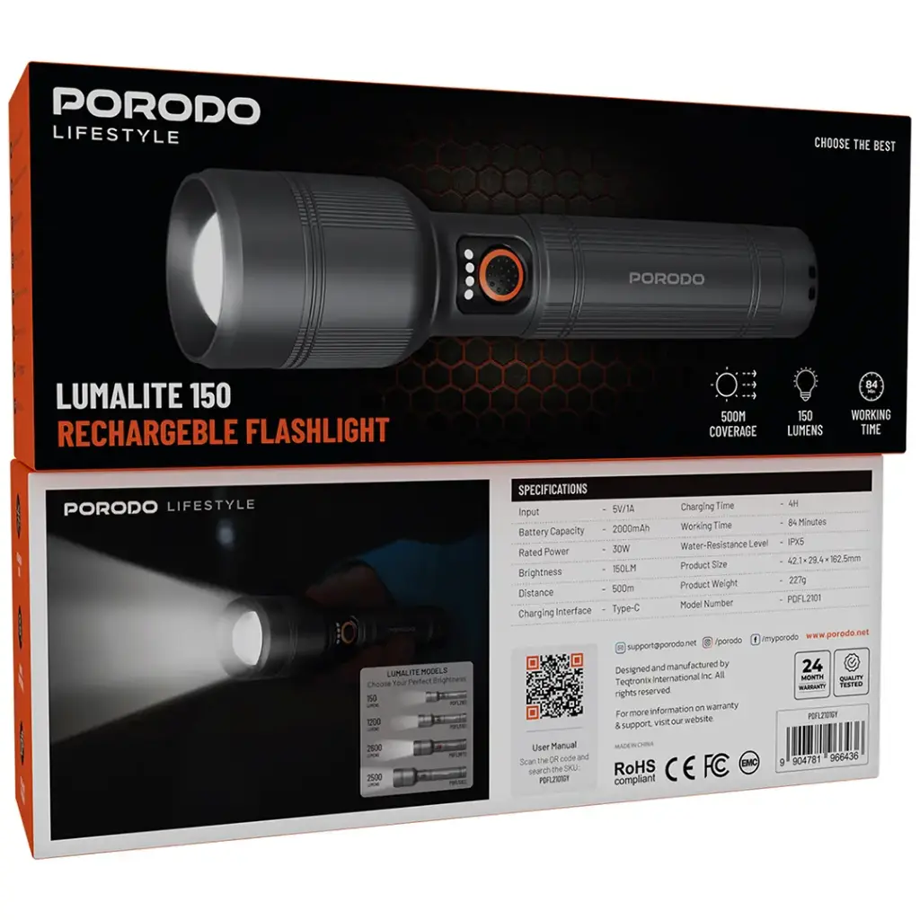 PORODO LIFESTYLE LUMALITE 150 RECHARGEBLE FLASHLIGHT GRAY PDFL2101GY thumbnail 9
