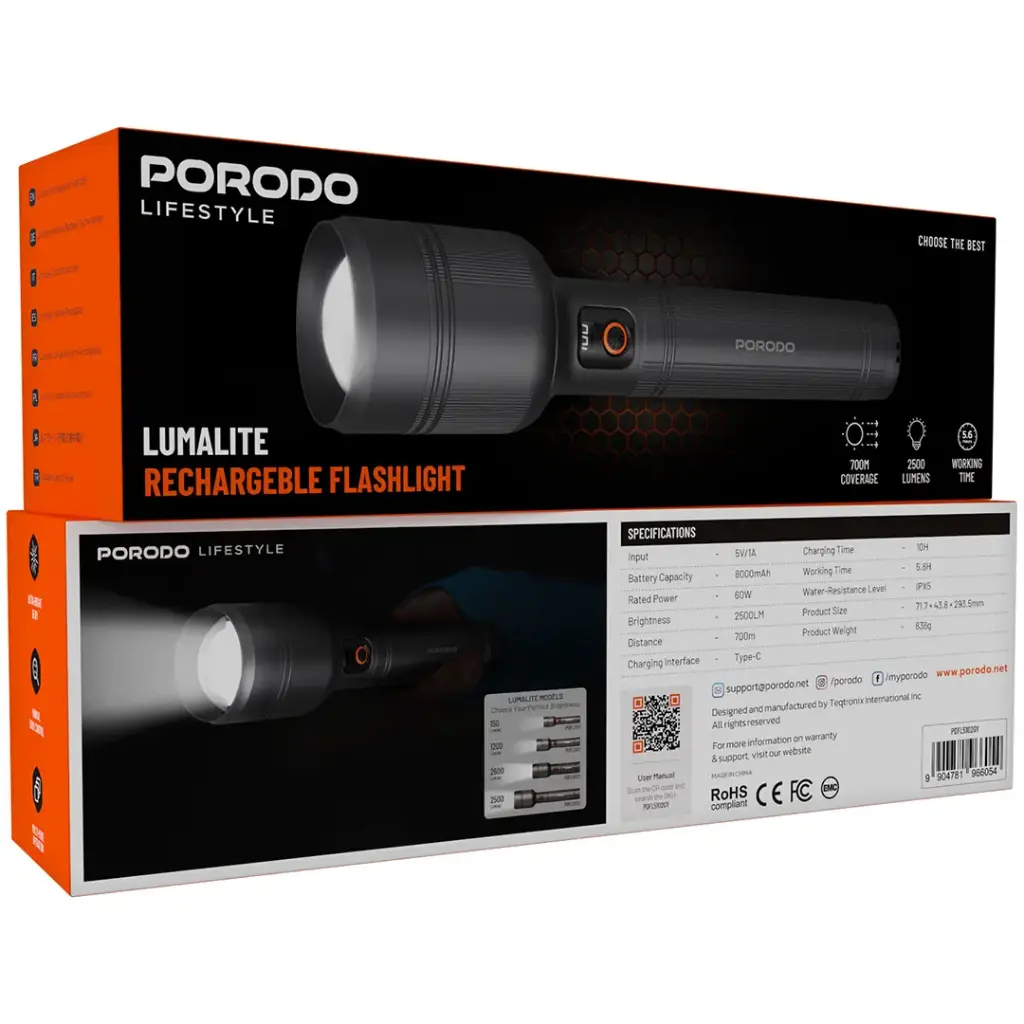 PORODO LIFESTYLE LUMALITE 2500 RECHARGEBLE FLASHLIGHT GRAY PDFL5102GY thumbnail 11