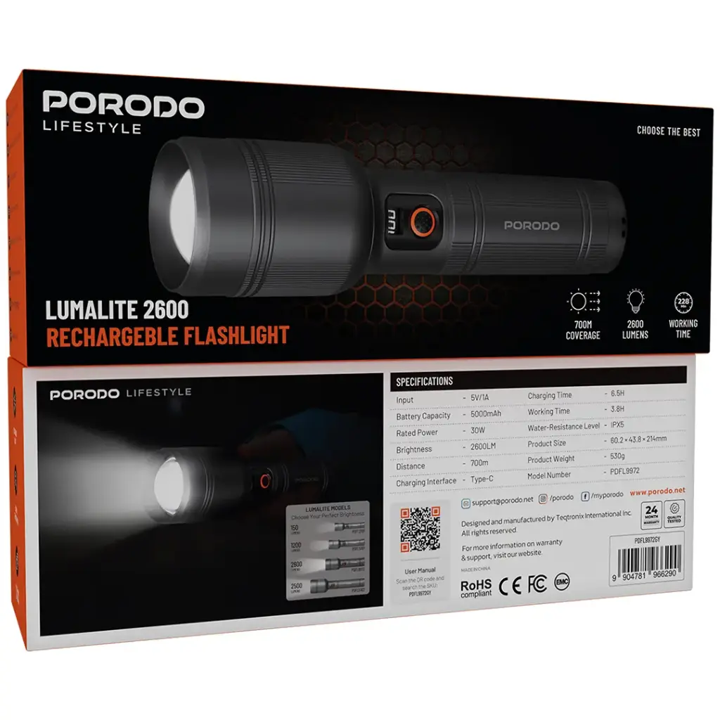 PORODO LIFESTYLE LUMALITE 2600 RECHARGEBLE FLASHLIGHT GRAY PDFL9972GY thumbnail 11