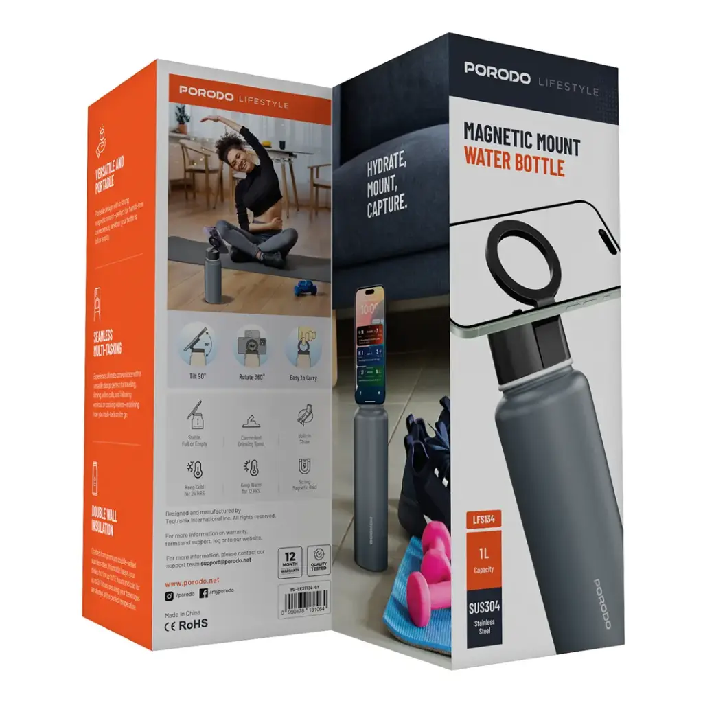 PORODO LIFESTYLE MAGNETIC MOUNT WATER BOTTLE GREY PD-LFST134-GY thumbnail 5