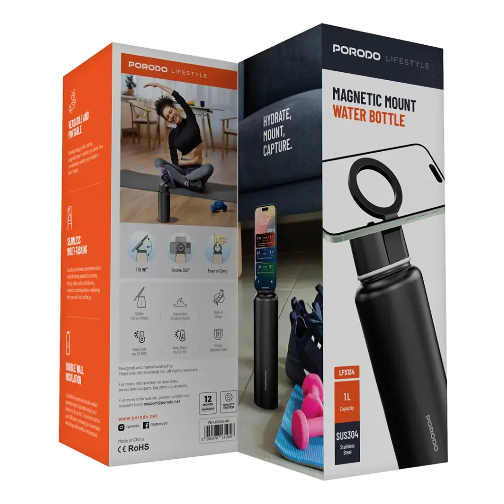 PORODO LIFESTYLE MAGNETIC MOUNT WATER BOTTLE BLACK PD-LFST134-BK thumbnail 5