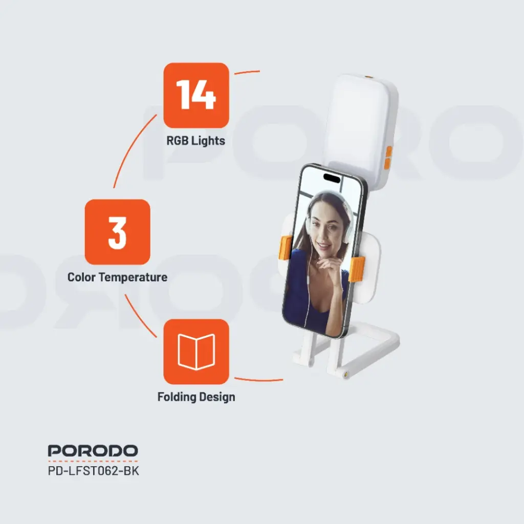 PORODO LIFESTYLE PHONE STAND WITH FILL LIGHT BLACK PD-LFST062-BK thumbnail 14