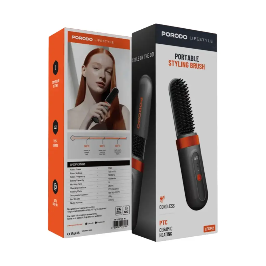 PORODO LIFESTYLE PORTABLE HEATED STYLING BRUSH BLACK PD-LFST142-BK thumbnail 5