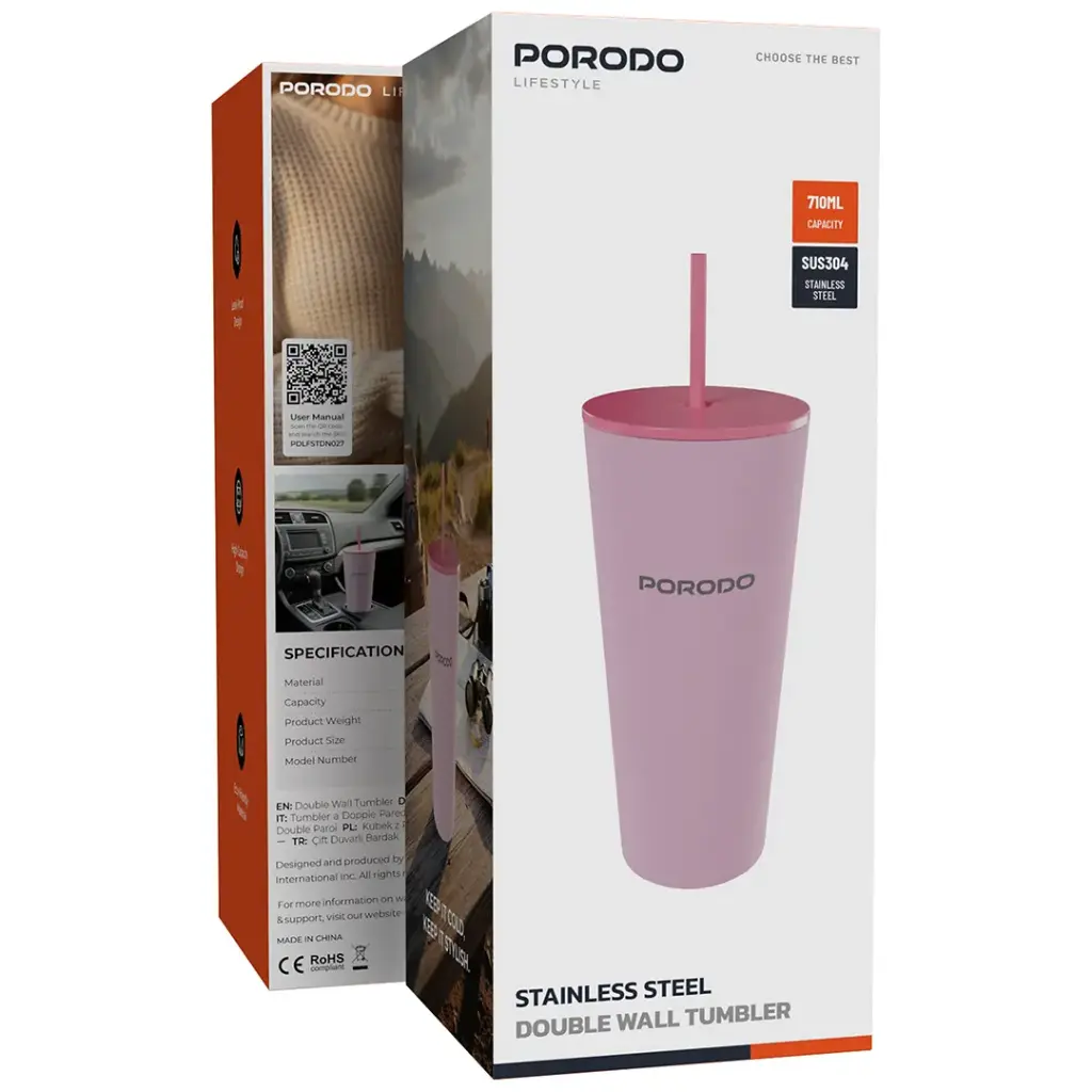 PORODO LIFESTYLE STAINLESS STEEL DOUBLE WALL TUMBLER PINK PDLFSTDN027PK thumbnail 4