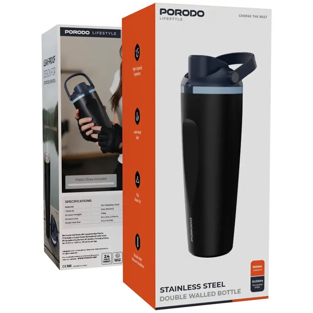 PORODO LIFESTYLE STAINLESS STEEL DOUBLE WALLED BOTTLE BLACK PDLFST1796BK thumbnail 7