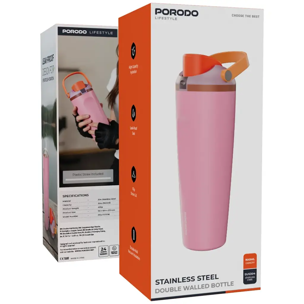 PORODO LIFESTYLE STAINLESS STEEL DOUBLE WALLED BOTTLE PINK PDLFST1796PK thumbnail 7