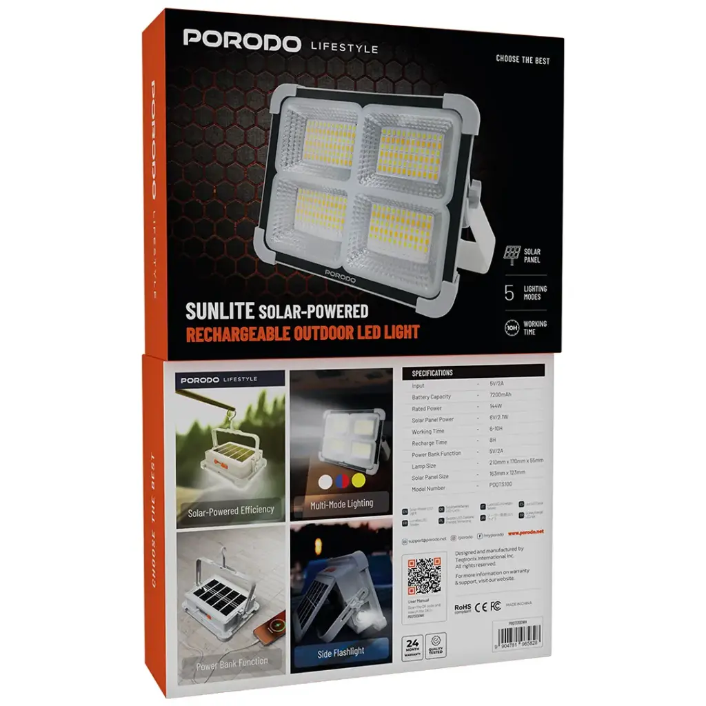 PORODO LIFESTYLE SUNLITE SOLAR POWERED RECHARGEABLE OUTDOOR LED LIGHT GRAY PDQTS100WH thumbnail 9