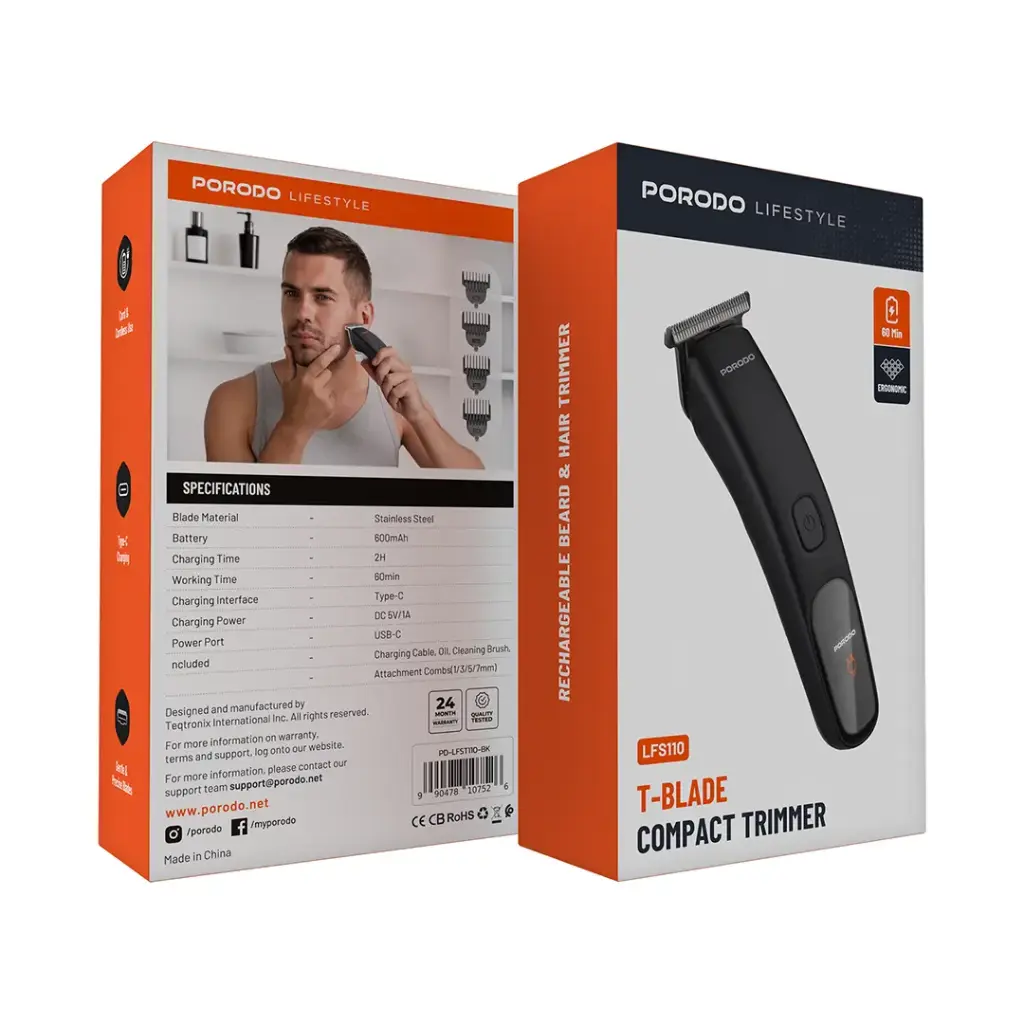 PORODO LIFESTYLE T-BLADE COMPACT TRIMMER 600MAH BLACK PDLFST110BK thumbnail 3