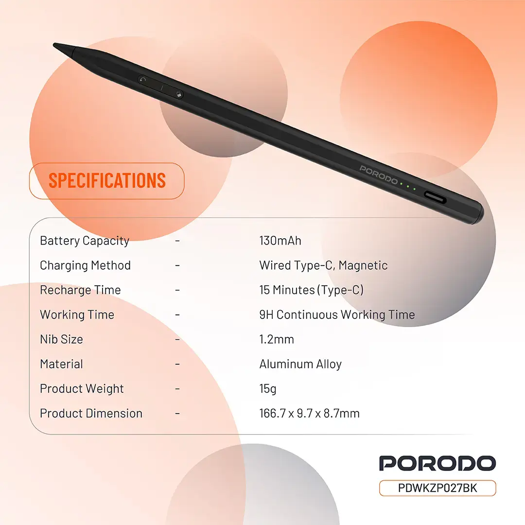 PORODO MAGNETIC STYLUS IPAD PEN COMPATIBLE WITH 2018-2025 MODELS BLACK PDWKZP027BK thumbnail 14