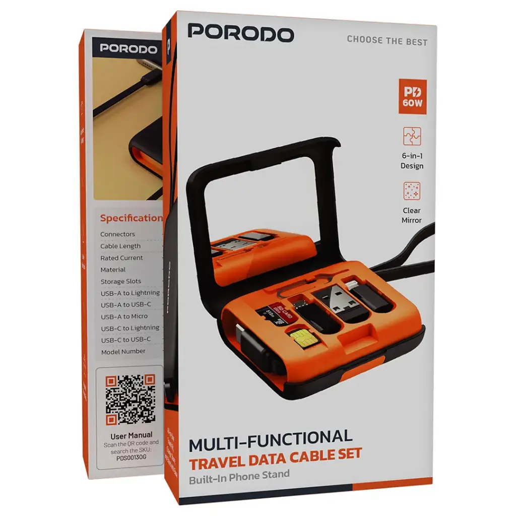 PORODO MULTI FUNCTIONAL TRAVEL DATA CABLE SET ORANGE PDS0013OG thumbnail 5