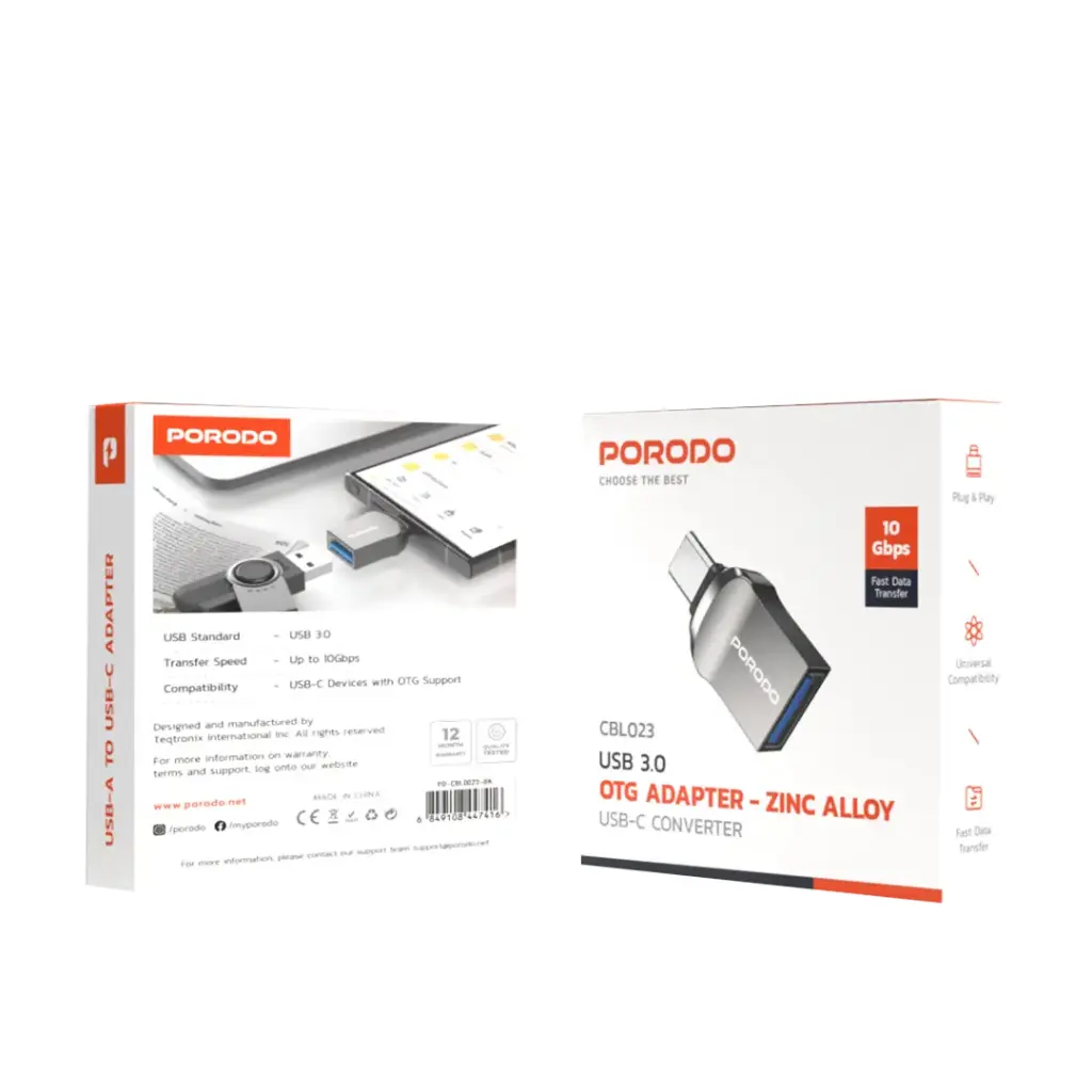 PORODO USB 3.0 USB C CONVERTER OTG ADAPTER ZINC ALLOY PS-CBL0023-BK thumbnail 3