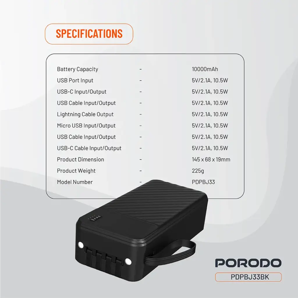 PORODO PIANO 10000MAH POWER BANK WITH INTEGRATED CABLES BLACK PDPBJ33BK thumbnail 12