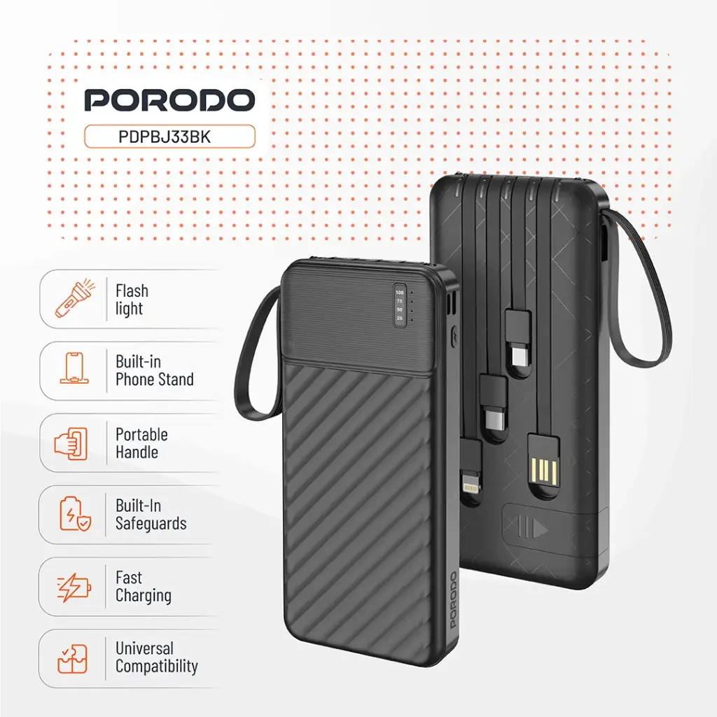 PORODO PIANO 10000MAH POWER BANK WITH INTEGRATED CABLES BLACK PDPBJ33BK thumbnail 13