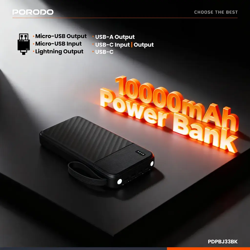 PORODO PIANO 10000MAH POWER BANK WITH INTEGRATED CABLES BLACK PDPBJ33BK thumbnail 21