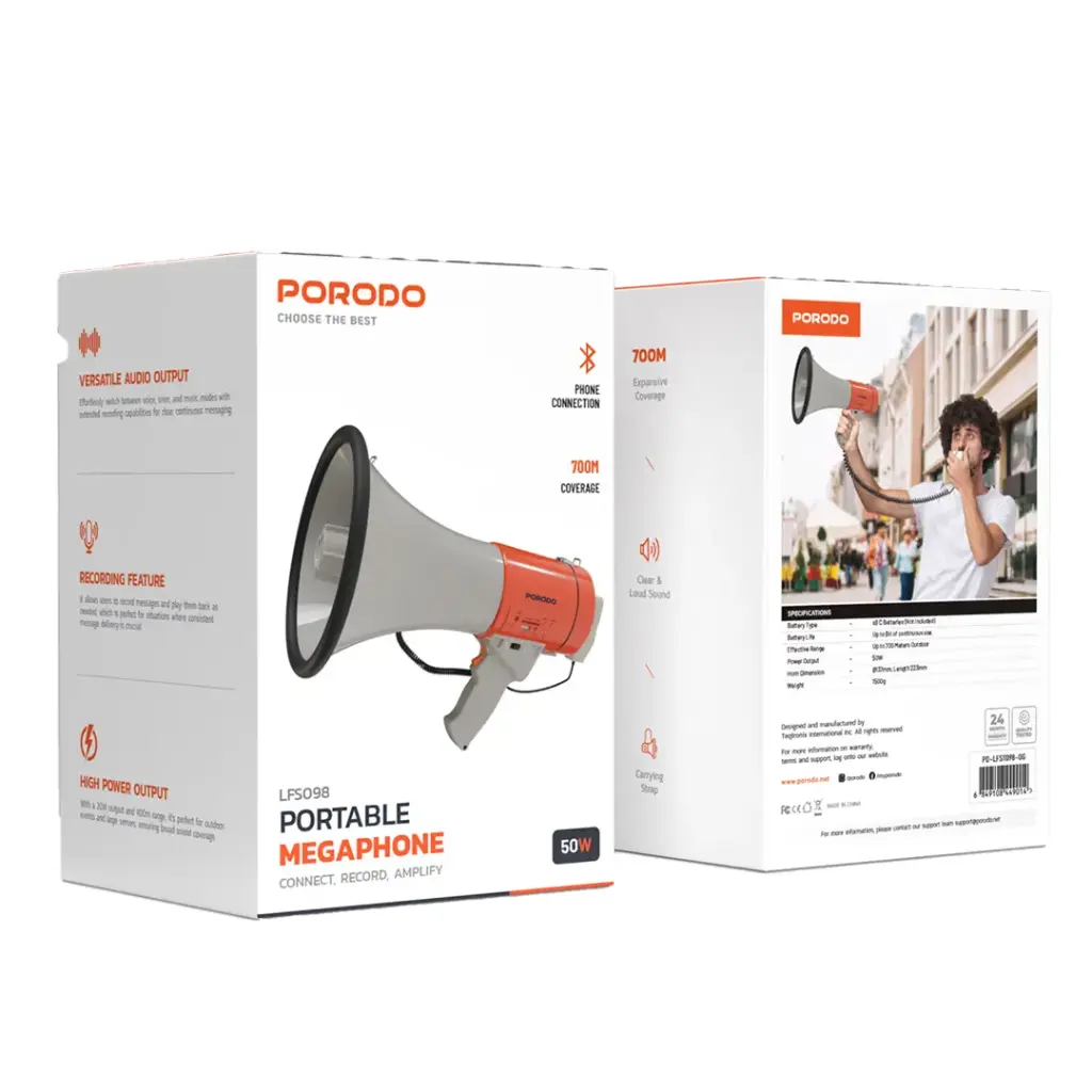 PORODO PORTABLE MEGAPHONE 50W ORANGE PD-LFST098-OG thumbnail 3