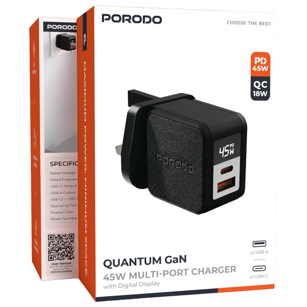 PORODO QUANTUM GAN 45W MULTI PORT CHARGER WITH DIGITAL DISPLAY BLACK PDFWCH096BK thumbnail 5