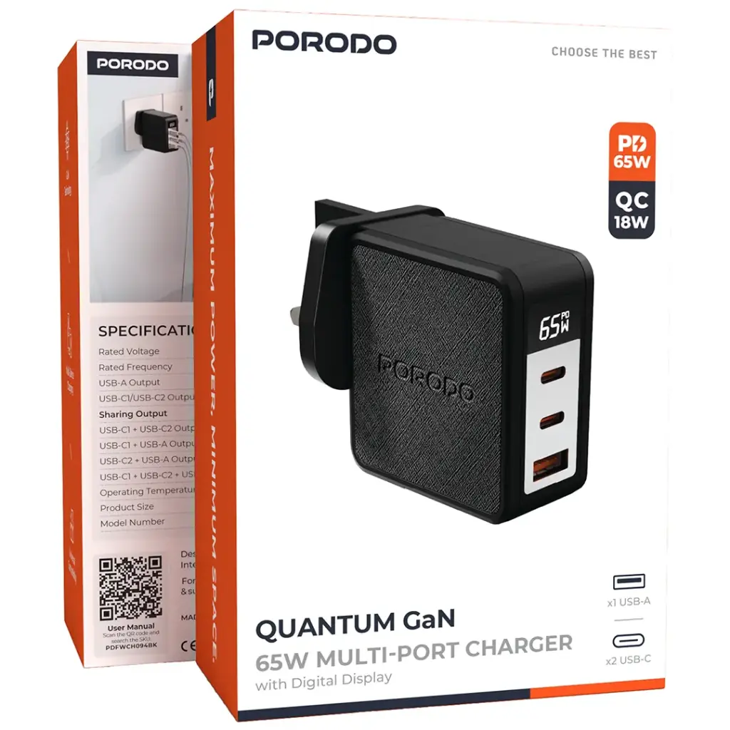 PORODO QUANTUM GAN 65W MULTI PORT CHARGER WITH DIGITAL DISPLAY BLACK PDFWCH094BK thumbnail 5
