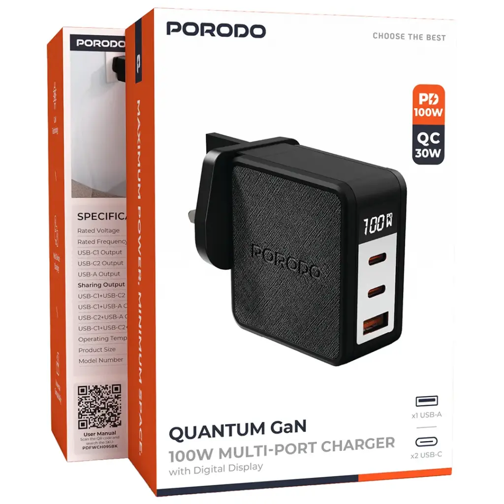 PORODO QUANTUM GAN 100W MULTI PORT CHARGER WITH DIGITAL DISPLAY BLACK PDFWCH095BK thumbnail 5