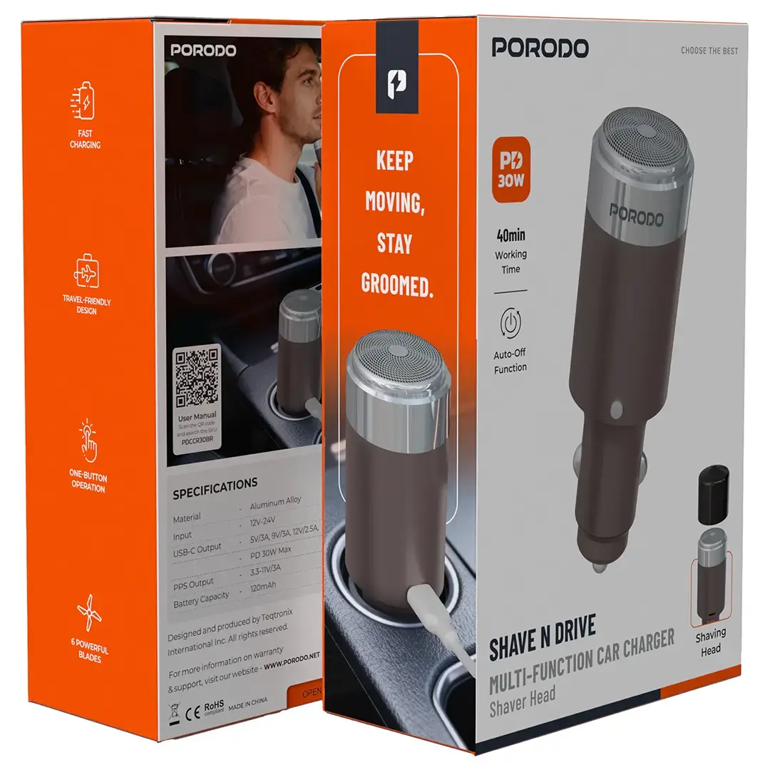 PORODO SHAVE N DRIVE MULTI FUNCTION CAR CHARGER SHAVER HEAD PD30W BROWN PDCCR30BR thumbnail 8