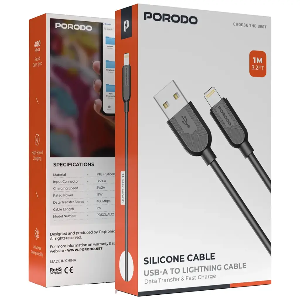 PORODO SILICONE CABLE USB A TO LIGHTNING CABLE 12W 1M BLACK PDSCUAL12BK thumbnail 3