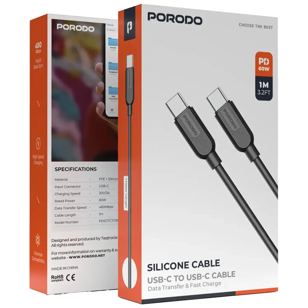 PORODO SILICONE CABLE USB C TO USB C CABLE 60W 1M BLACK PDSCTCTC60BK thumbnail 3