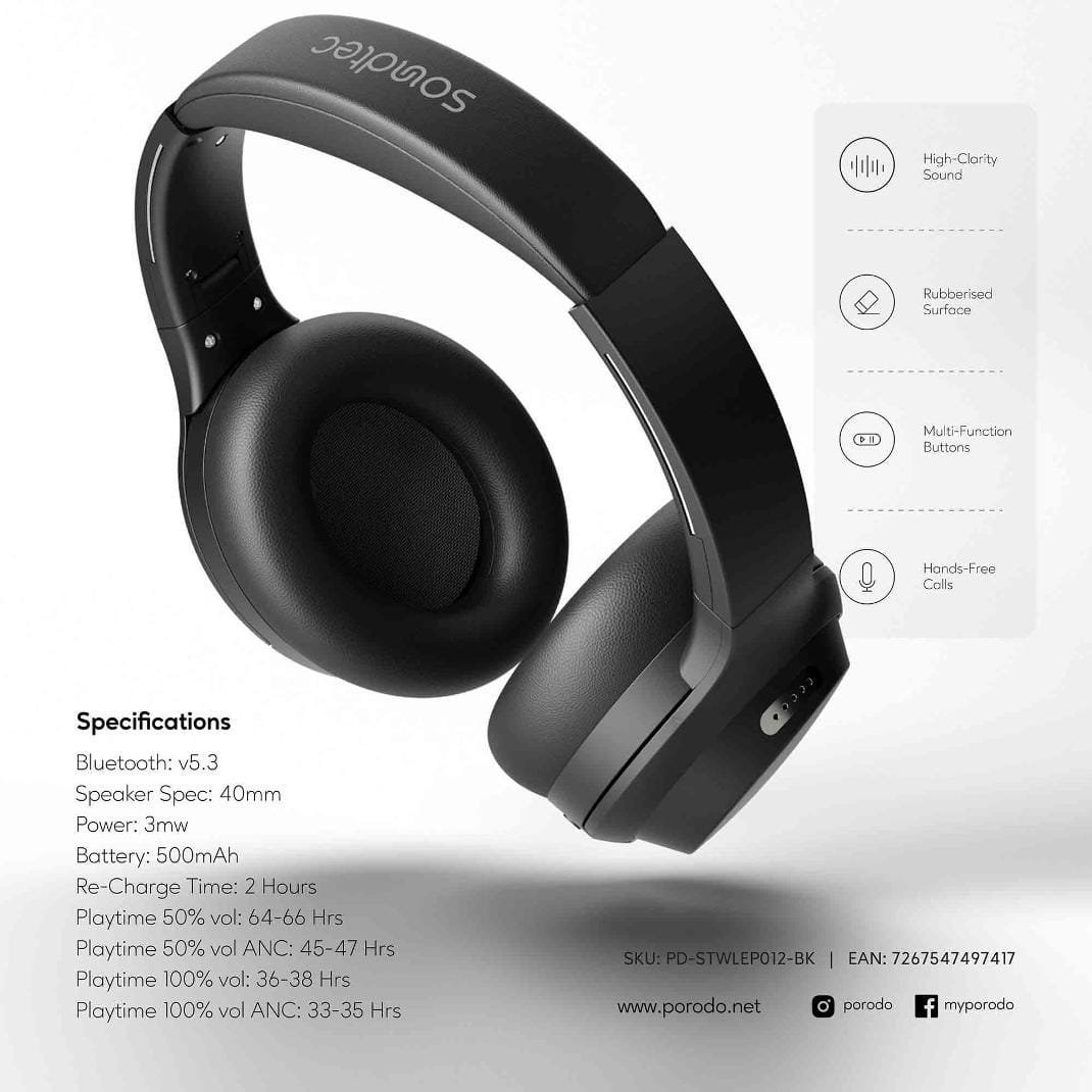 PORODO SOUNDTEC HUSH WIRELESS HEADPHONE BLACK PD-STWLEP012-BK thumbnail 5